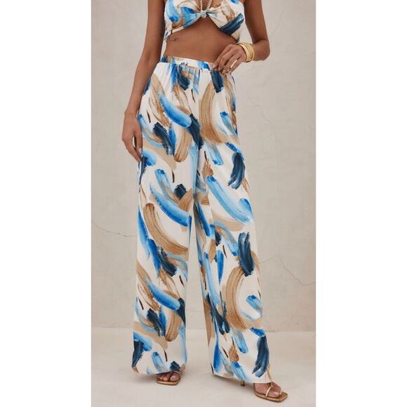 12th Tribe Pants - 12th Tribe Perla Blue Watercolor Satin Wide Leg Pants Elastic Waist Sz M NWT